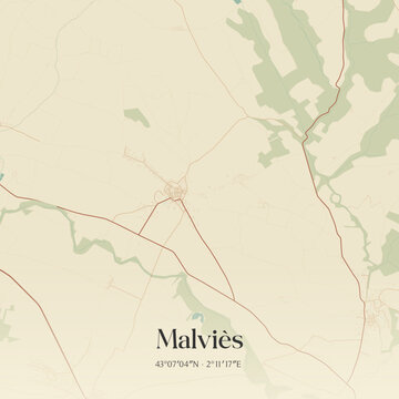 Vintage map of Malvi&egrave;s, France.