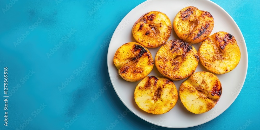 Poster grilled peaches arranged on a white plate against a vibrant turquoise background with golden char ma
