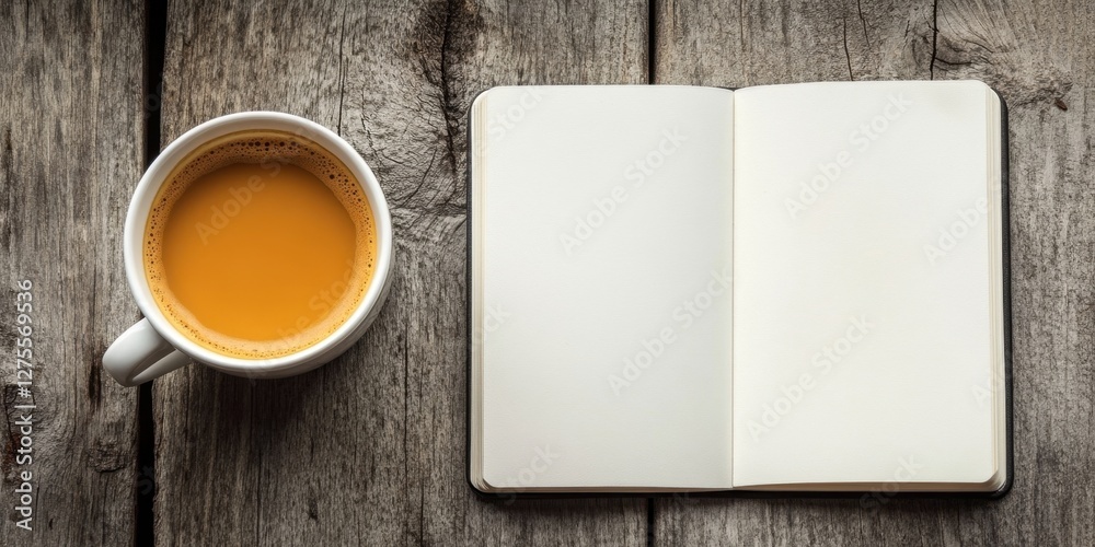 Leinwandbilder empty notebook adjacent to a white cup of coffee on a rustic wooden surface with brown tones and nat
