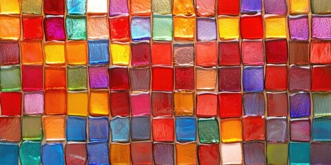 Vibrant abstract background with closely arranged squares in varied colors like red, orange, blue, and green creating a glossy tile effect.