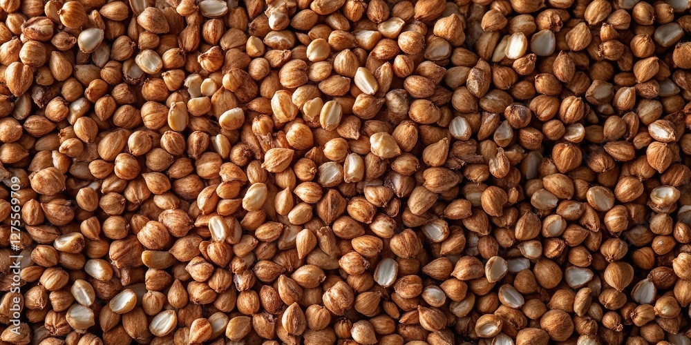 Poster close-up view of an abundance of brown hazelnuts with varying shades and textures, arranged uniforml