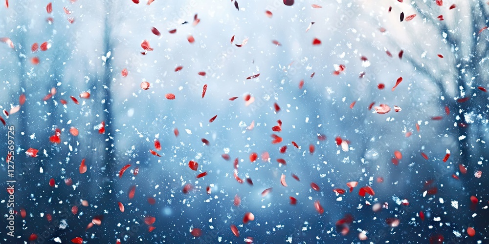Poster winter-themed background with blue hues and softly blurred trees, featuring falling white snow and r