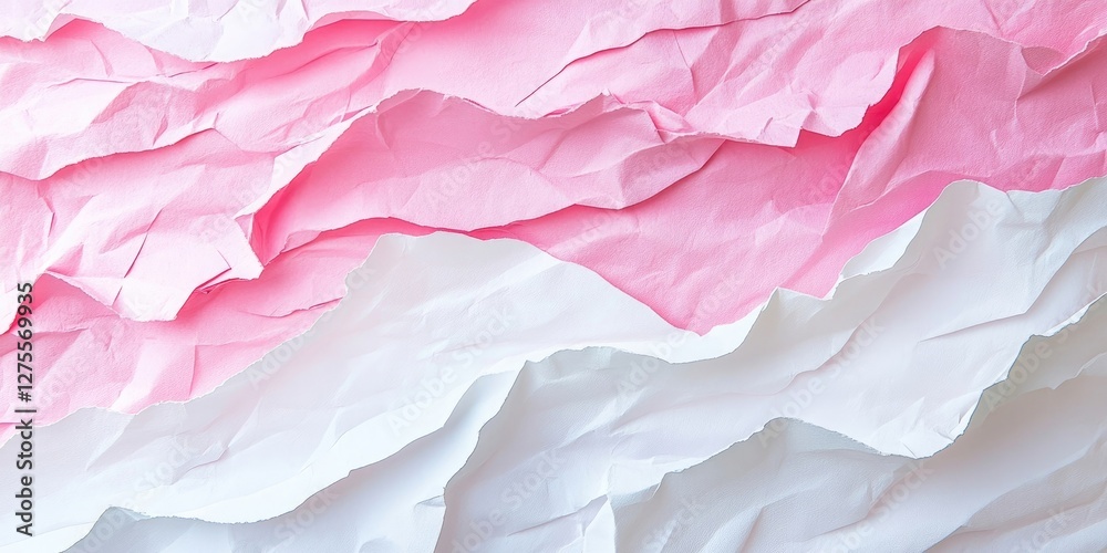 Poster textured abstract background showcasing crumpled pink and white paper layers in a wavy arrangement i