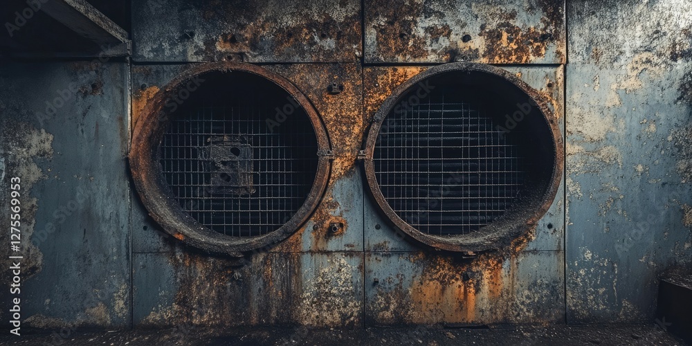 Poster rusty industrial wall featuring two large round vent openings with wire mesh, surrounded by peeling 