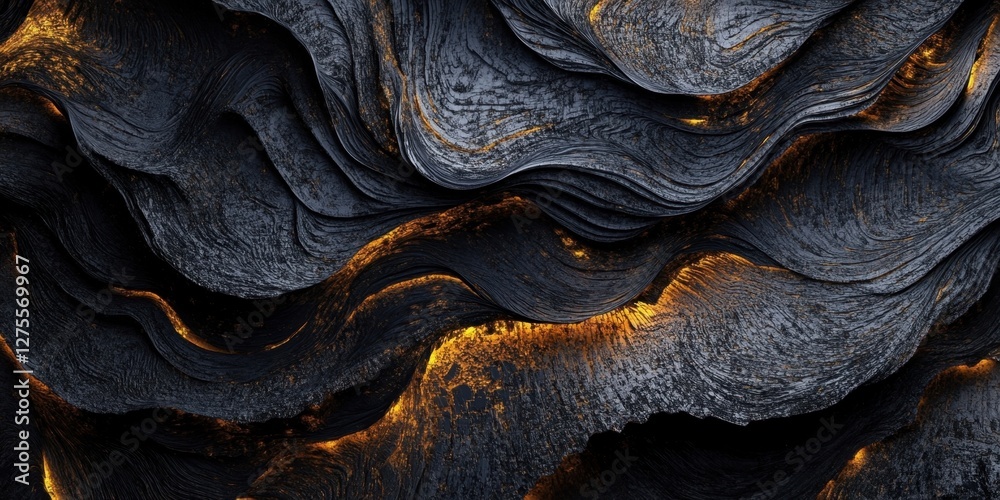 Fototapete abstract textured wall surface featuring dark gray and black wavy patterns with golden highlights cr