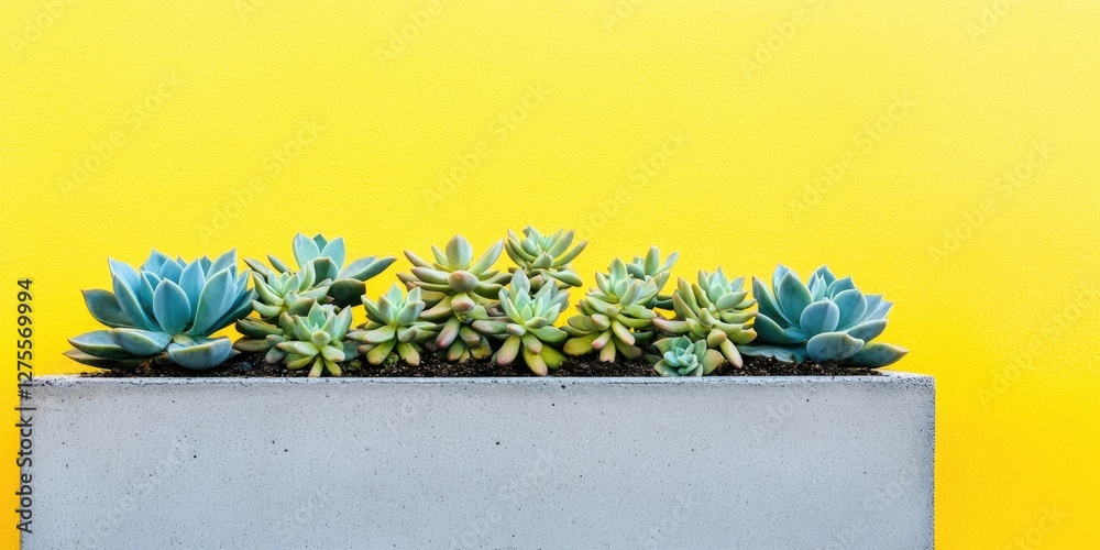 Poster succulent arrangement in a concrete planter against a bright yellow background featuring various gre