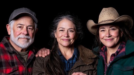 Three smiling farmers portrait: Capturing the rustic charm of the countryside, a warm and inviting portrait of three smiling farmers, exuding a sense of rural community and shared livelihood.
