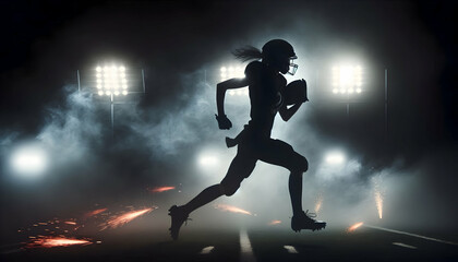 Obraz premium American Football Dark, dramatic silhouette of an American football player running through a foggy stadium, illuminate2