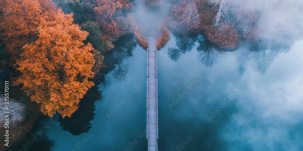 Aufkleber serene aerial view of a tranquil lake with fog highlighting a central footbridge surrounded by vibra