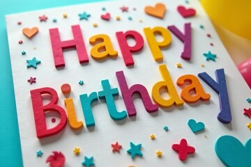 Close-up of a colorful, hand-crafted birthday card with playful typography and paper cutouts, craft, Birthday, paper