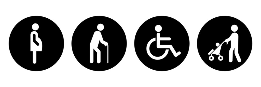 Lift priority sign, label, logo, icon set. Elevator priority sign, priority queues for elderly, men and women with stroller baby, disabled wheelchair, pregnant woman, walking stick. Vector illustrator