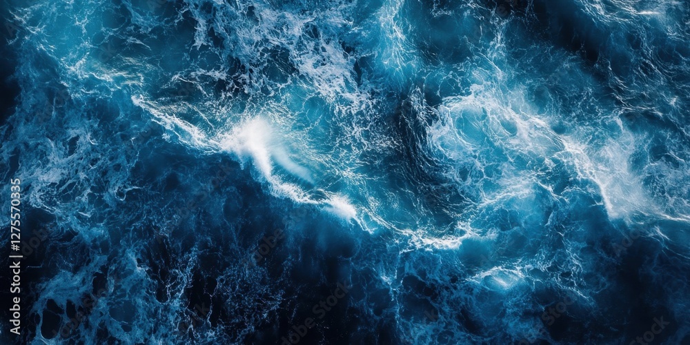 Leinwandbilder aerial view of deep blue ocean with rough waves and abundant sea spray creating a striking backdrop 
