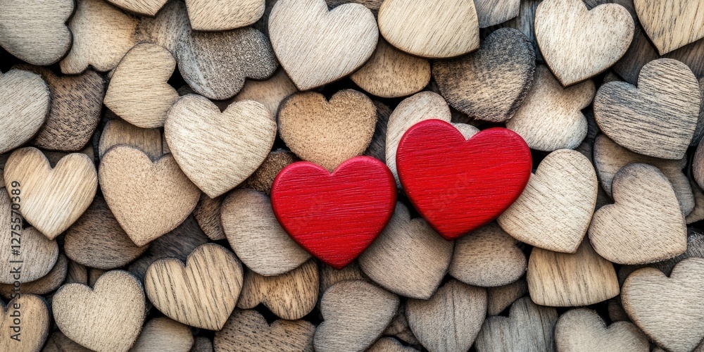 Poster a collection of light and dark wooden hearts in a textured background with two bright red hearts in 