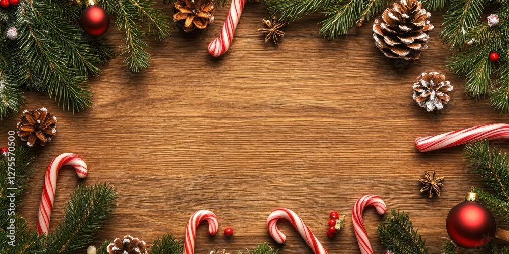 Poster festive a-frame of fir branches with red ornaments pine cones and candy canes on a rustic wooden tab