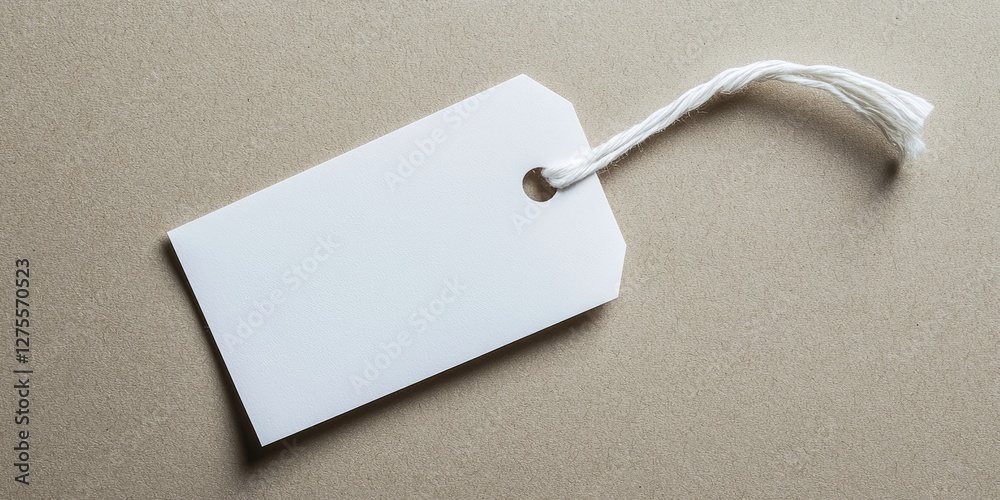 Poster Blank white tag on a light brown textured background with a tied string, placed horizontally to create a minimalistic and elegant design.