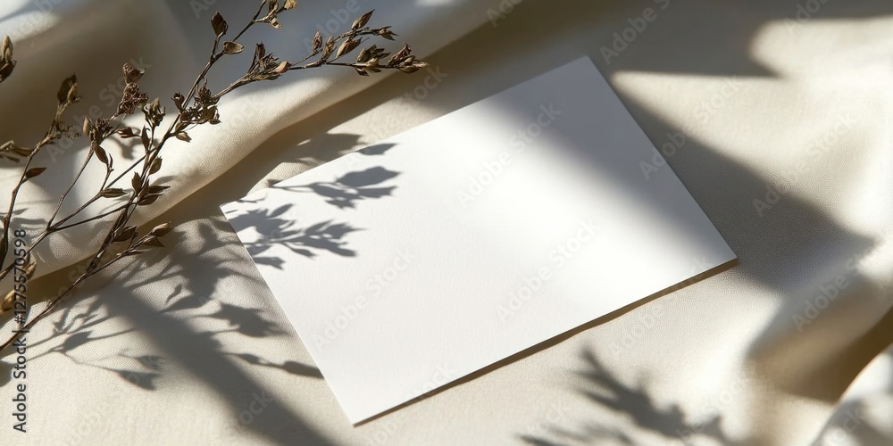 Aufkleber minimalistic blank business card and postcard on soft fabric background with gentle shadows and subt