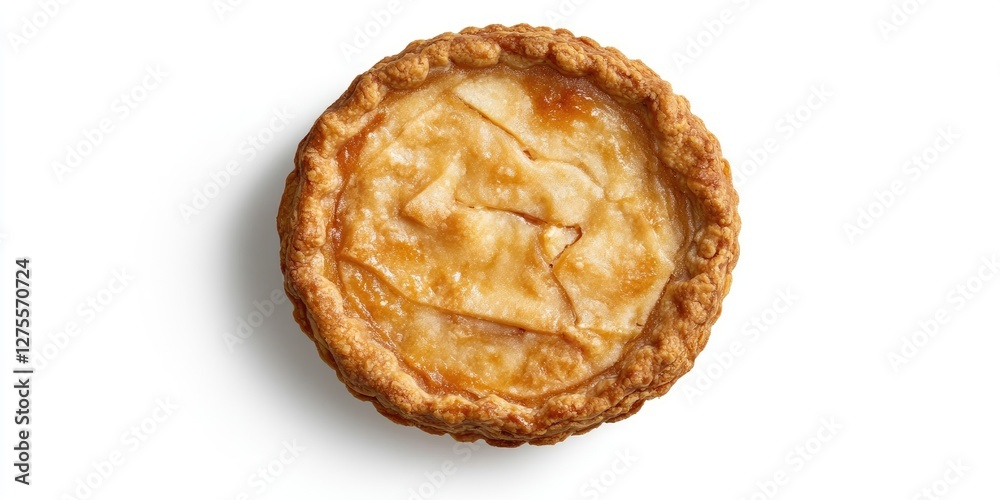 Poster Golden brown apple pie with a flaky crust placed on a white background, showcasing its textured surface and circular shape, top view perspective.