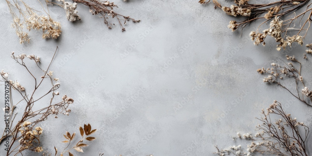 Poster Elegant mockup of a greeting card featuring creatively arranged dry flower twigs in earthy tones on a soft grey background with ample negative space.