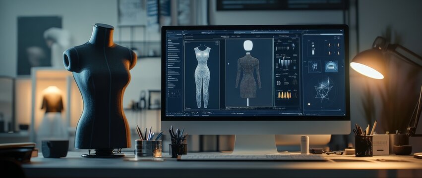 Creative workspace featuring 3D black mannequin and fashion design software in lit dark room - Powered by Adobe