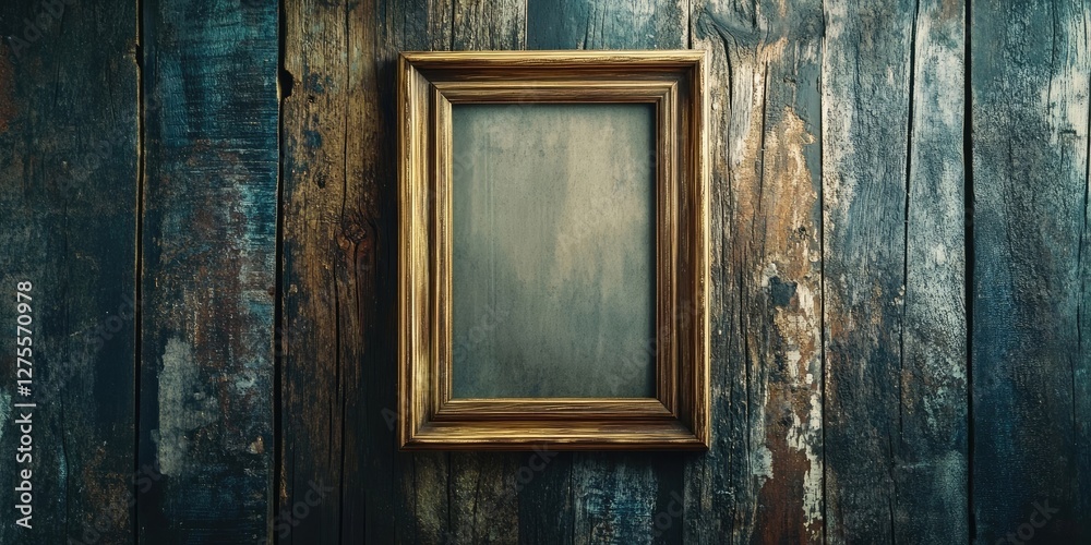 Aufkleber vintage gold picture frame centered on a rustic wooden background with dark and light wood tones cre