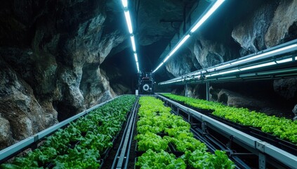 Fototapeta premium Underground hydroponic lettuce farm, growing greens in a cave
