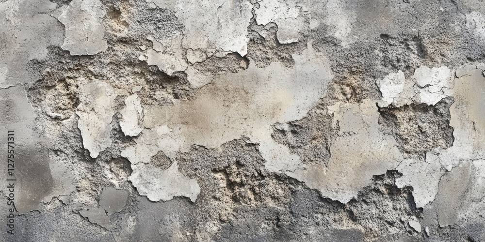 Poster textured weathered concrete wall with peeling plaster in shades of gray and beige, featuring rough p