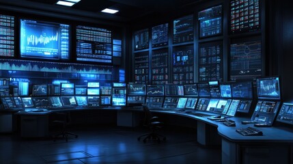 Fototapeta premium High-Tech Trading Room with Multiple Screens and Data Visualization