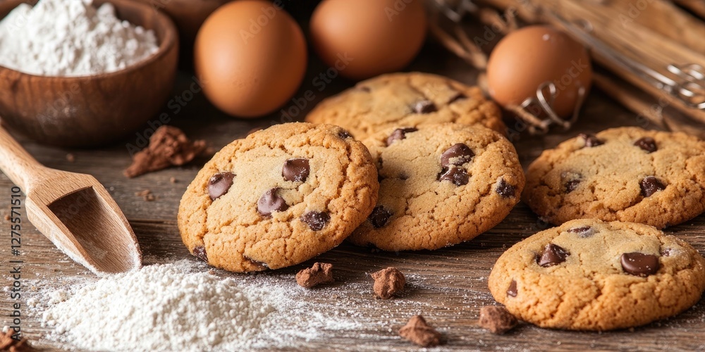 Poster baking ingredients on wooden surface featuring chocolate chip cookies with eggs and flour in bowls a