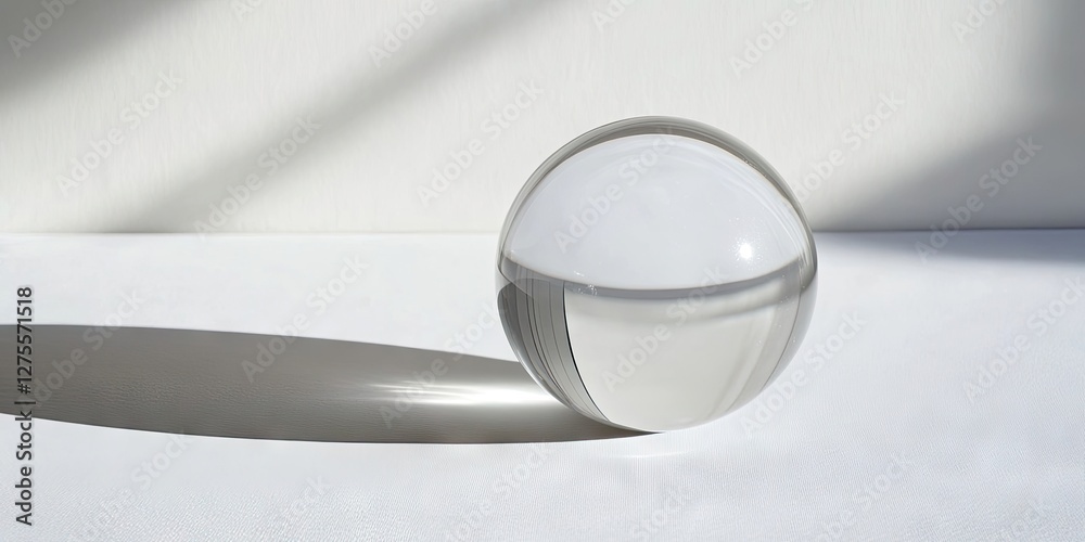 Leinwandbilder transparent glass sphere positioned on a white surface casting a soft shadow, illuminated by natural