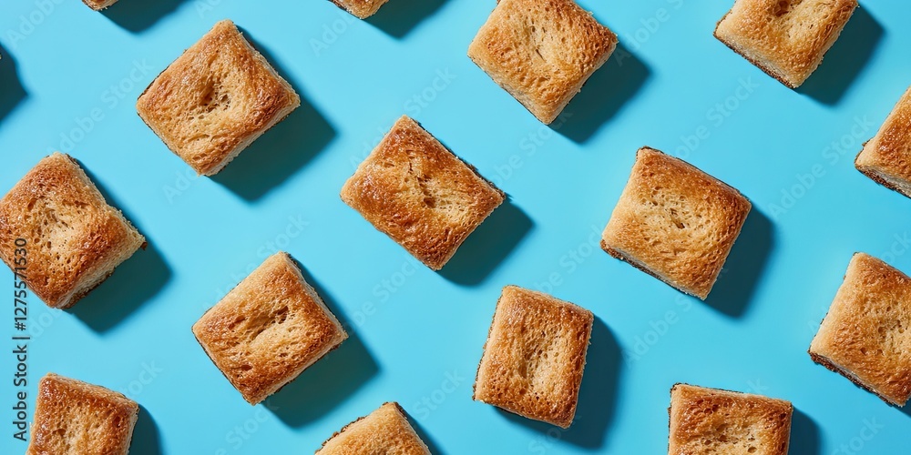 Poster flat lay of golden-brown rusks arranged evenly on a vibrant blue background showcasing their crispy 