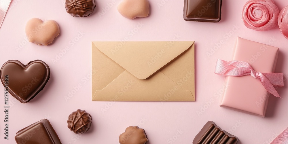 Poster aromatic chocolate assortment on a soft pink surface featuring a blank envelope, gift box with ribbo