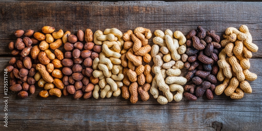 Poster Dried peanuts of various colors including brown, tan, and beige arranged in neat rows on a rustic wooden surface creating a textured display.
