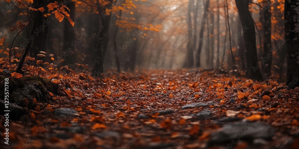 Poster serene forest pathway with a carpet of brown leaves on the ground, surrounded by softly blurred tree