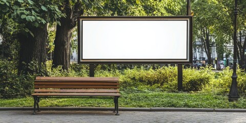 Urban park scene featuring a blank street billboard poster display framed in brown, positioned beside a wooden bench amidst lush greenery.