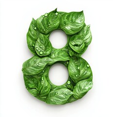 Number 8 made of lush green leaves with dewdrops and natural veins isolated on a clean white background
