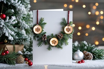 Elegant White Christmas Greeting Card Adorned with Eco-Friendly Holiday Decorations for Joyful Celebrations