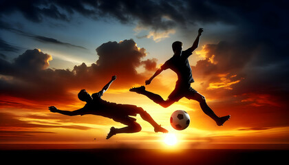 American Football A silhouette of two soccer players frozen in mid-air against a glowing sunset, one launching a kick 3