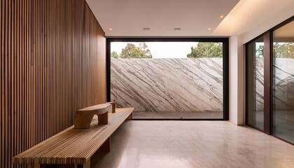 Minimalist Wooden Bench by Marble Wall Tranquil Modern Interior Designs Warmth and Simplicity in a Minimalist Entrance Hall