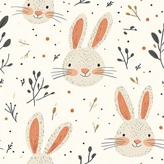Seamless pattern featuring a rabbit with leaves and bunny ears in a whimsical design