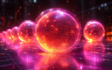 Glowing orbs on futuristic floor, city background