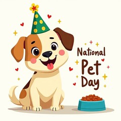Fototapeta premium Cute cartoon dog in party hat celebrates National Pet Day.