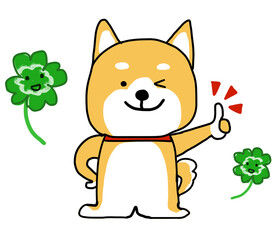 いいねと親指をあげるしばいぬとクローバー
