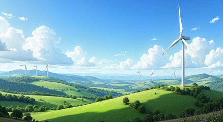 Wind turbines on a green hill, ideal for Earth Day campaigns, sustainable energy promotion, or environmental protection content.