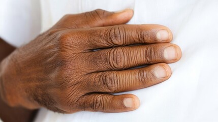 Fototapeta premium Close-Up of a Hand Placing on Heart in a Gentle Gesture of Care