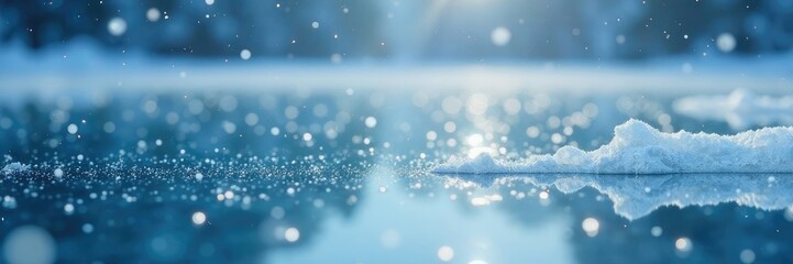 Snowflakes gently settle on the surface of a frozen lake, gentle descent, ice, falling