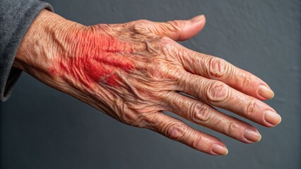 Fototapeta premium Biological age and inflammation concept. A close-up of an aged, wrinkled hand with visible veins and a red mark, set against a neutral background, emphasizing the signs of aging.