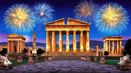 Fototapeta premium Athens Temple Fireworks New Year Celebration