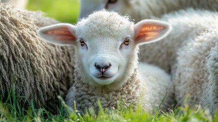 Obraz premium Close-up of a lamb nestled against its mother, surrounded by a peaceful herd in a green pasture.