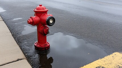Fototapeta premium A bright red fire hydrant stands beside a puddle on a wet street, reflecting its color against the asphalt, showcasing urban infrastructure in rainy conditions.