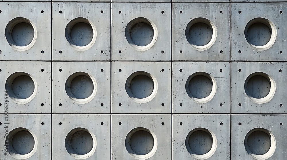 Poster concrete blocks with circles architectural background, modern design, geometric pattern, building ma